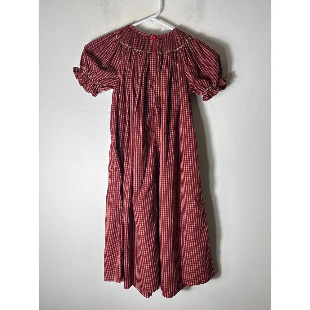 Girls Vintage Alennys Red,Black&Tan Plaid Smocked Hippo Dress Sz 6x